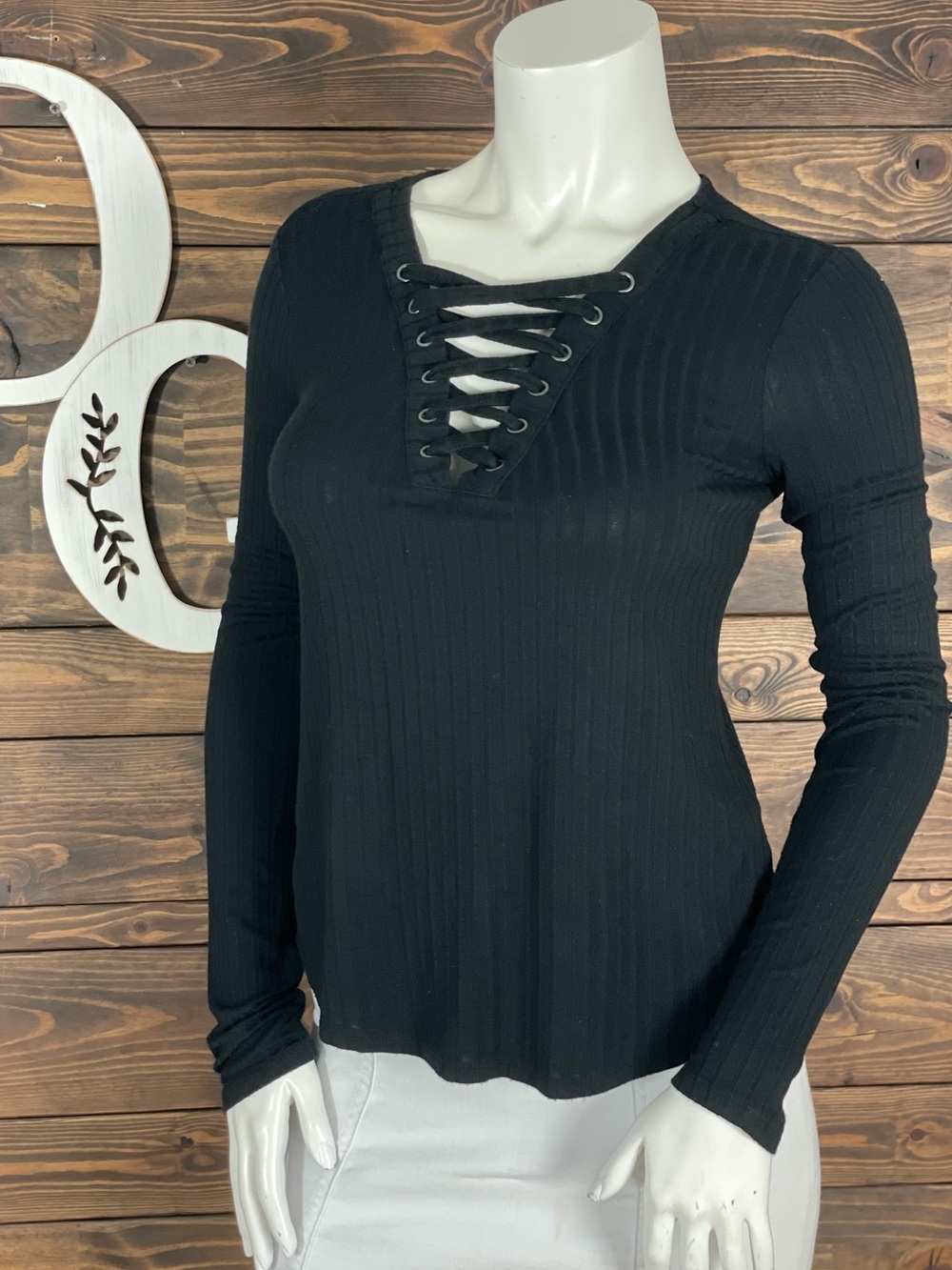 SO | Y2K Black Lace-Up Ribbed Long-Sleeve Top